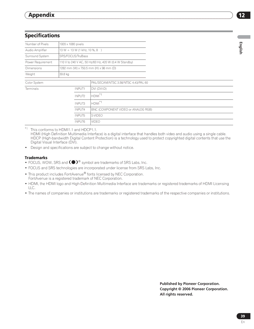 Pioneer PDP-5000EX manual Specifications, Trademarks 