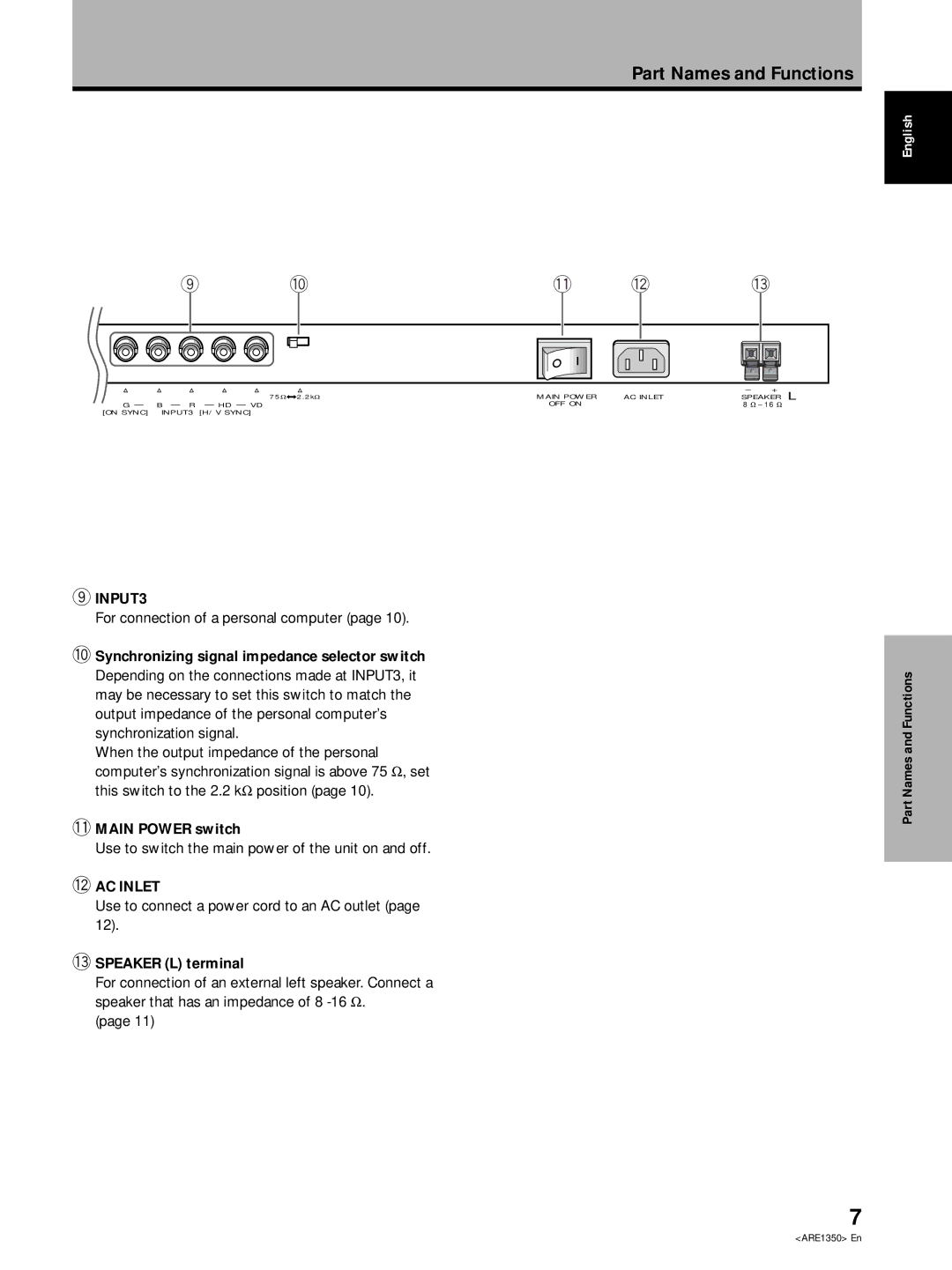 Pioneer PDP-502MXE manual Main Power switch, ~ Speaker L terminal 