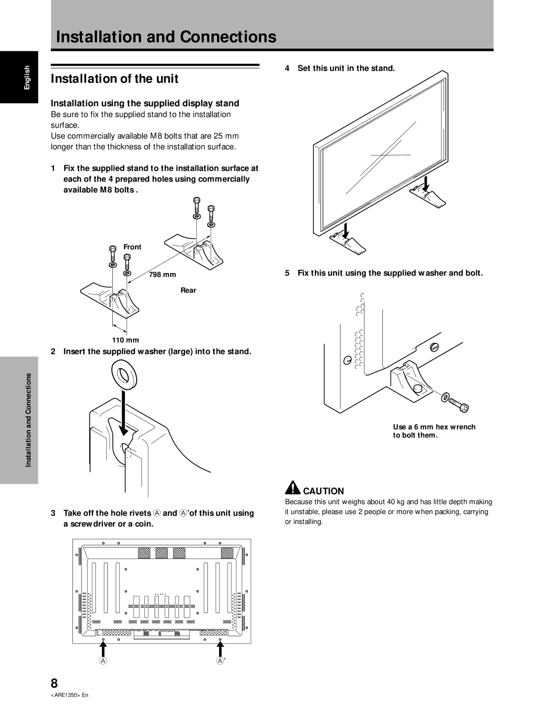 Pioneer PDP-502MXE Installation and Connections, Installation of the unit, Installation using the supplied display stand 