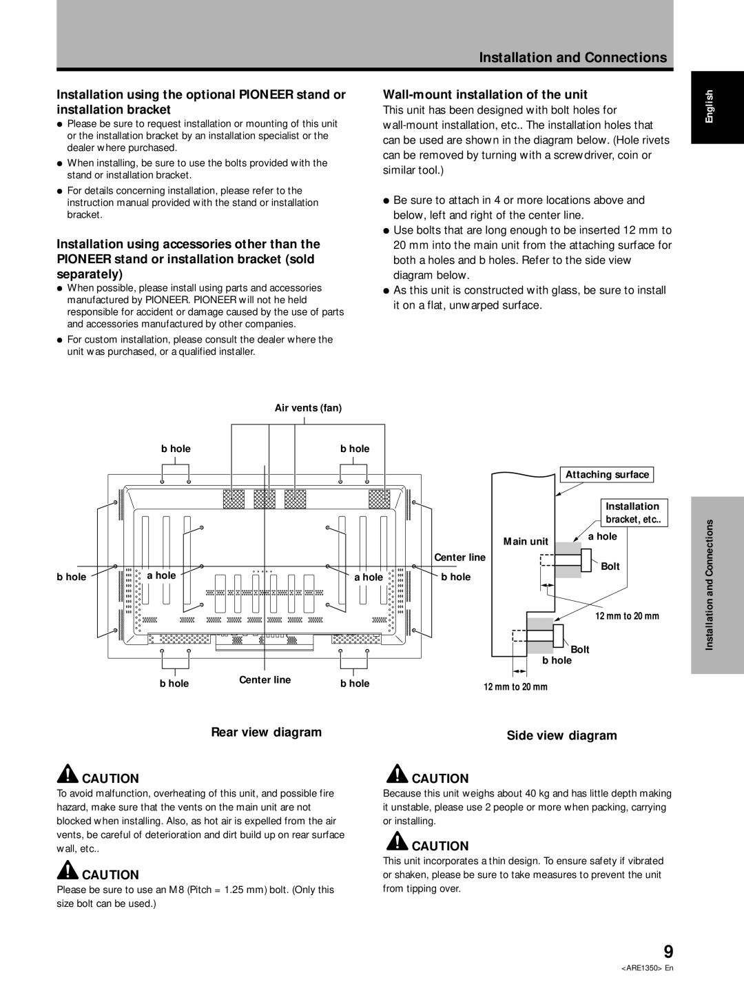 Pioneer PDP-502MXE manual Wall-mount installation of the unit, Rear view diagram, Side view diagram 