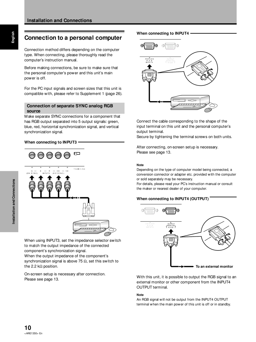 Pioneer PDP-502MXE Connection of separate Sync analog RGB source, When connecting to INPUT3, When connecting to INPUT4 