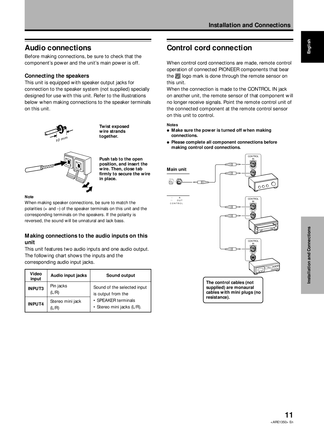 Pioneer PDP-502MXE manual Audio connections, Control cord connection, Connecting the speakers 