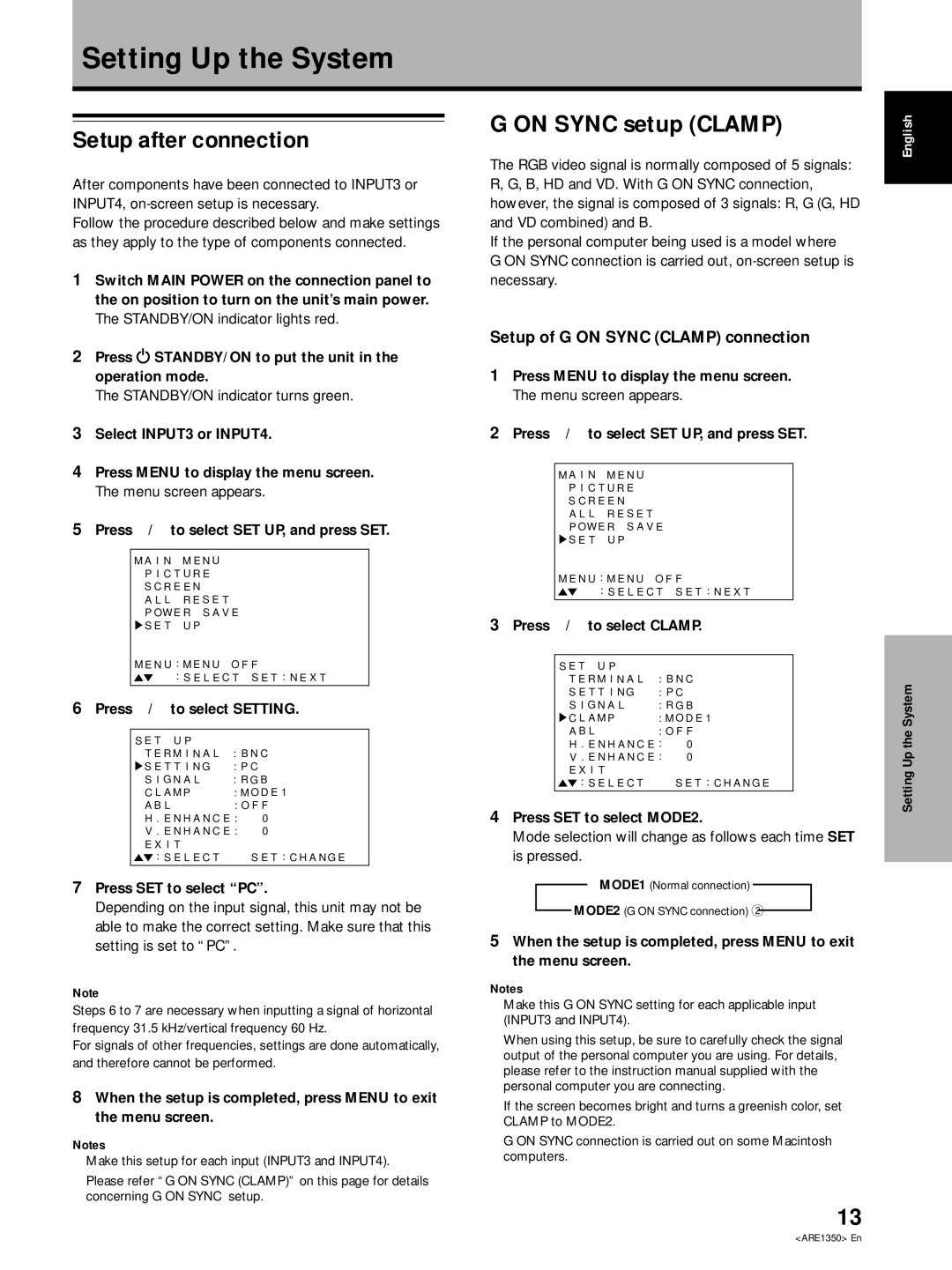 Pioneer PDP-502MXE manual Setup of G on Sync Clamp connection 