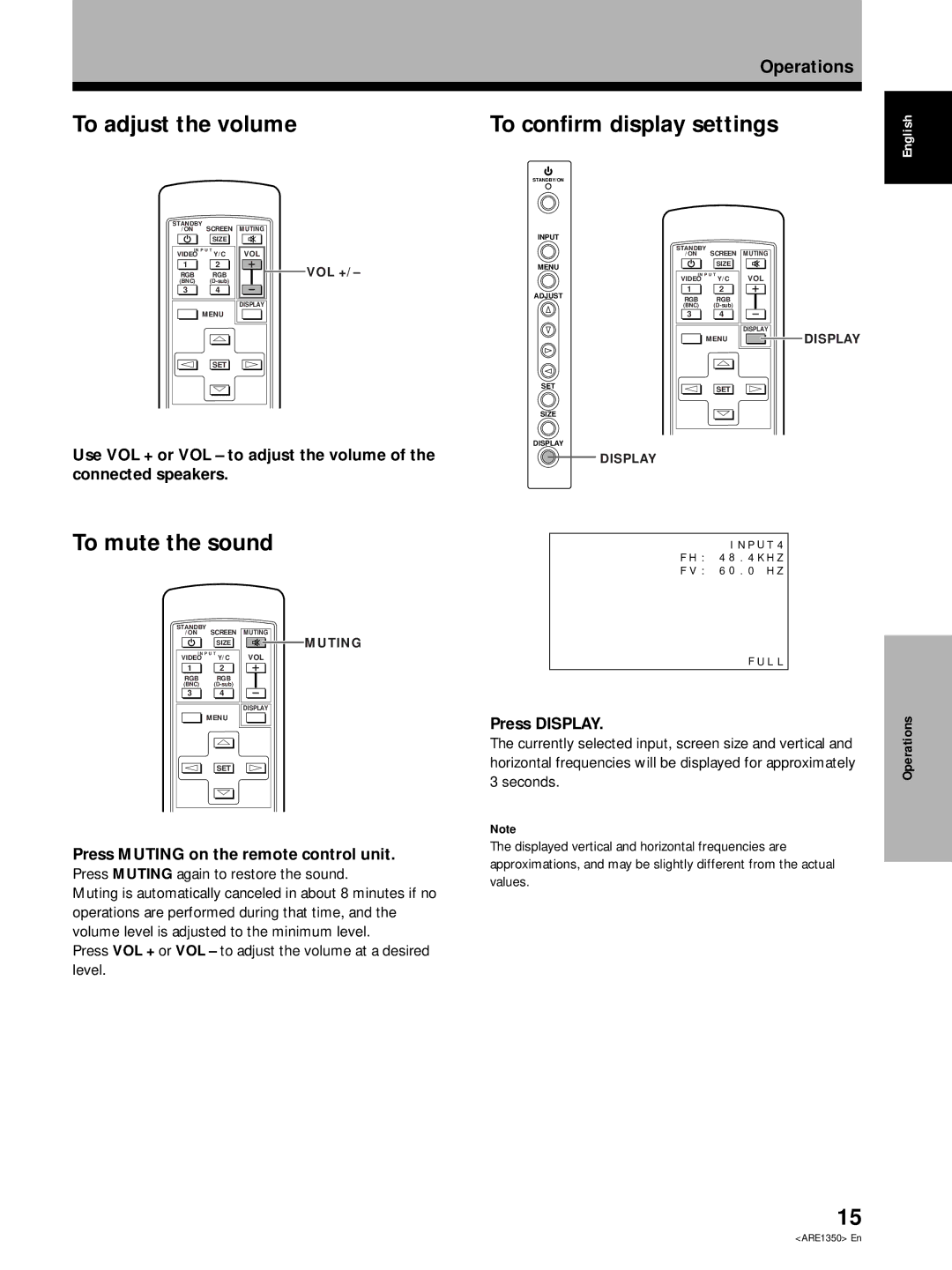 Pioneer PDP-502MXE manual To adjust the volume, To confirm display settings, To mute the sound, Press Display 