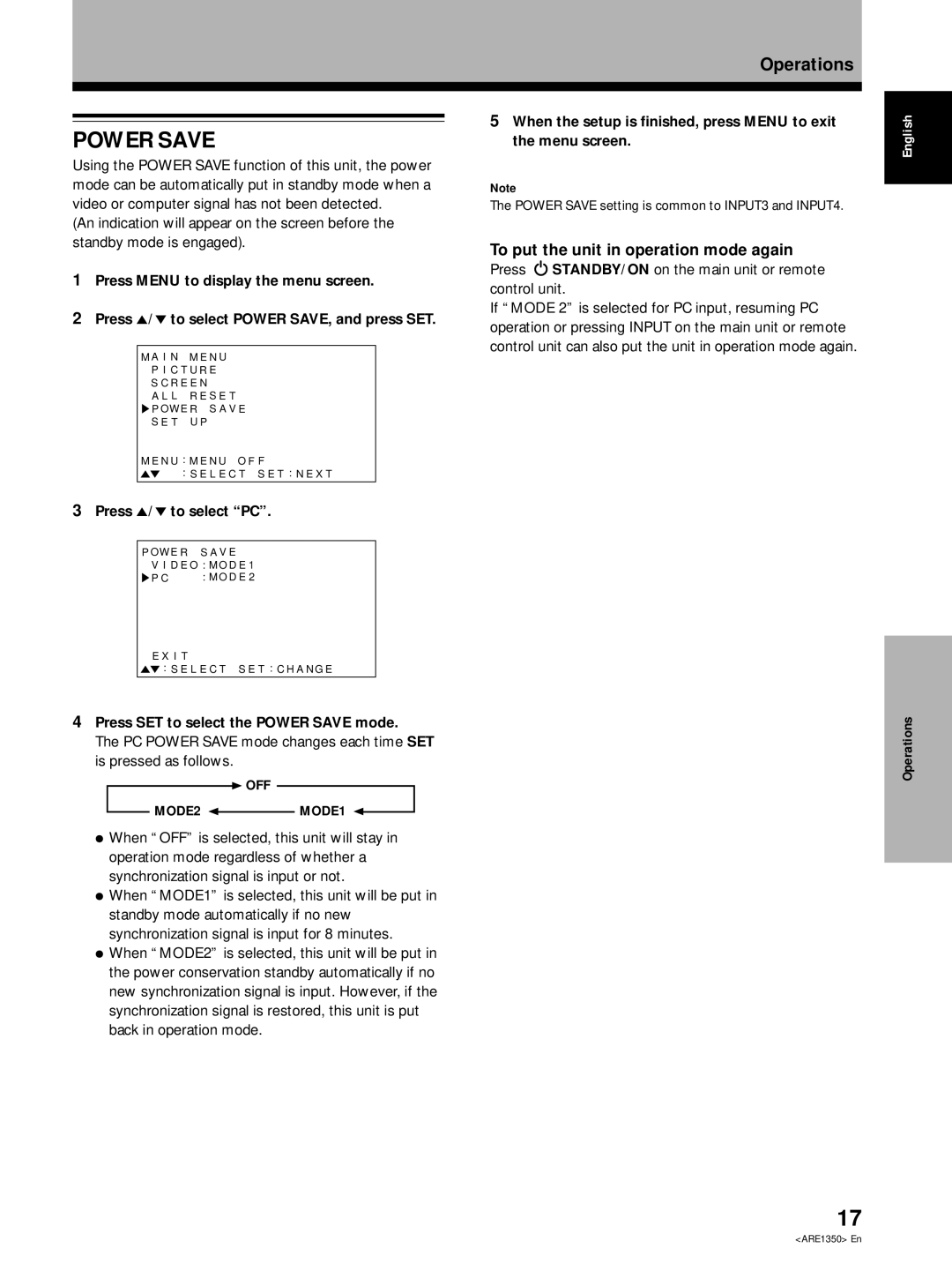Pioneer PDP-502MXE To put the unit in operation mode again, Press 5/ to select PC, Press SET to select the Power Save mode 