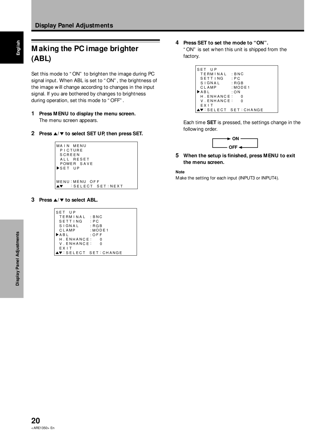 Pioneer PDP-502MXE manual Making the PC image brighter ABL, Press 5/ to select SET UP, then press SET 