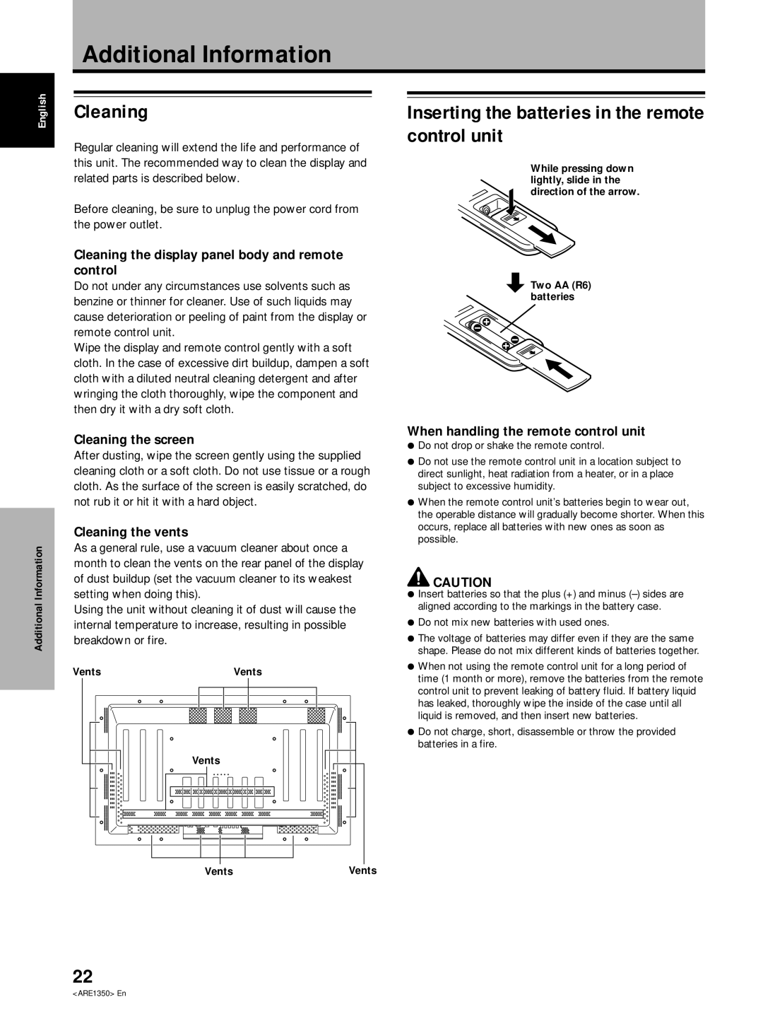 Pioneer PDP-502MXE manual Additional Information, Cleaning, Inserting the batteries in the remote control unit 