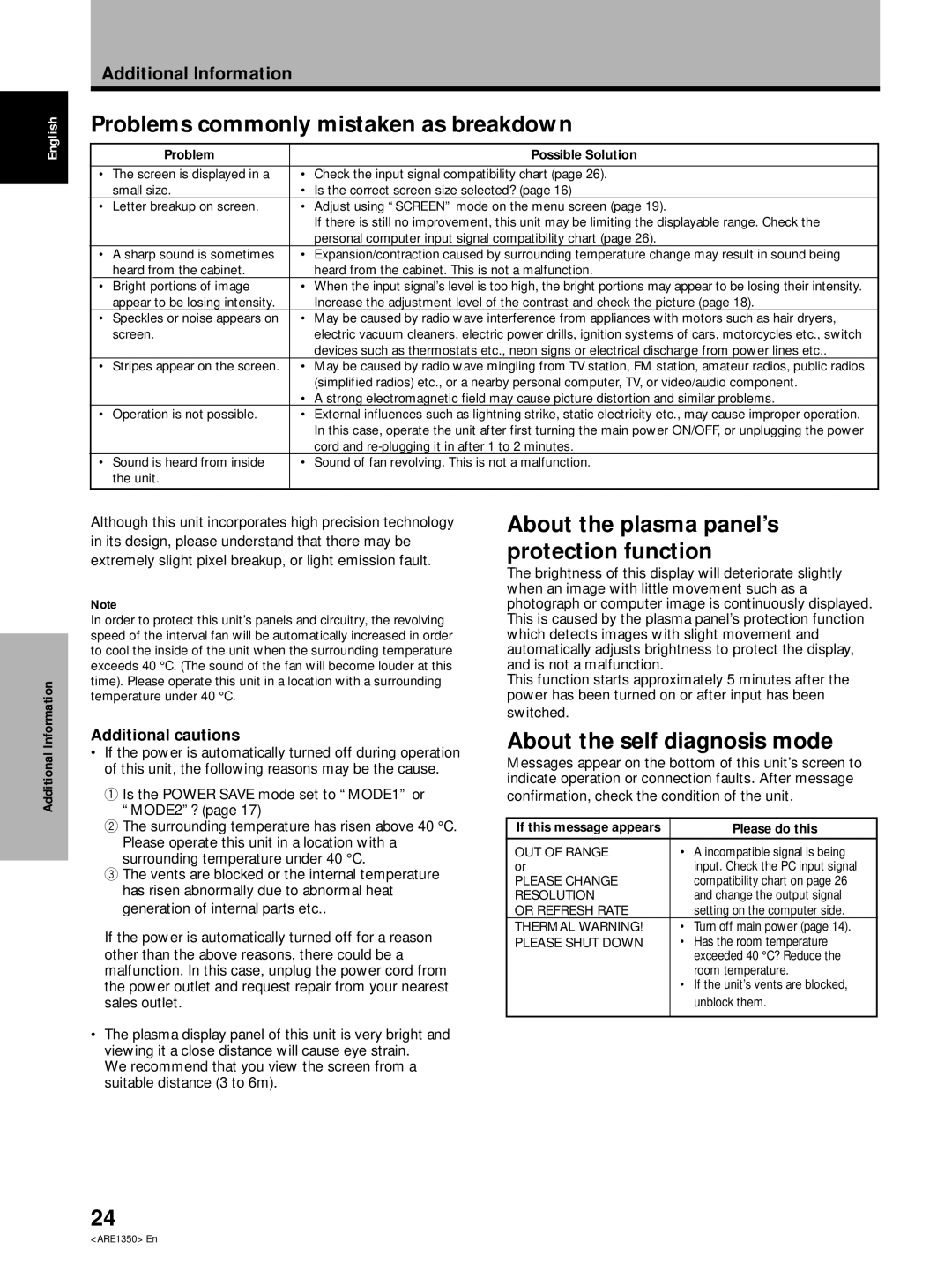 Pioneer PDP-502MXE manual Problems commonly mistaken as breakdown, About the self diagnosis mode, Additional cautions 