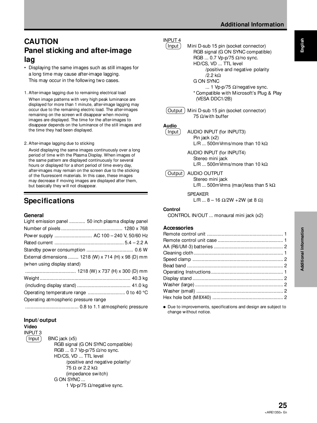 Pioneer PDP-502MXE manual Specifications, Panel sticking and after-image lag, General, Accessories, Input/output 