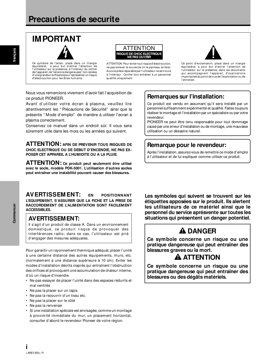 Pioneer PDP-502MXE manual Precautions de securite, Commencer 