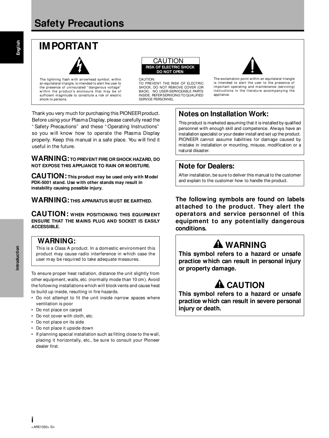 Pioneer PDP-502MXE manual Safety Precautions, English 