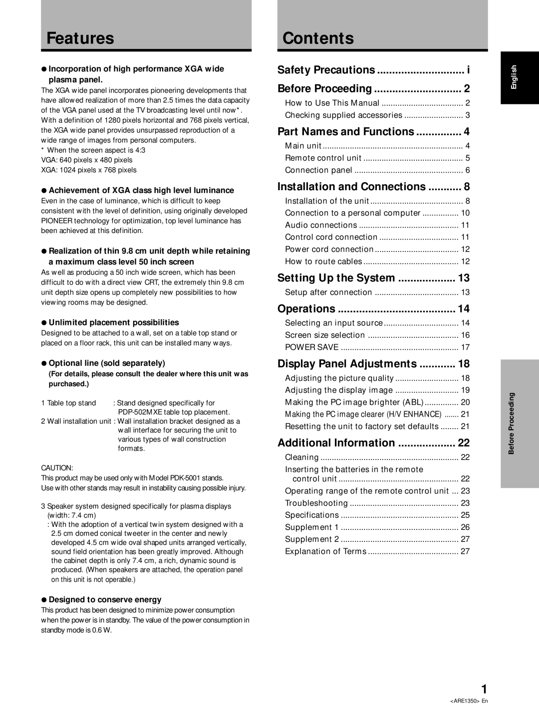 Pioneer PDP-502MXE manual Features, Contents 