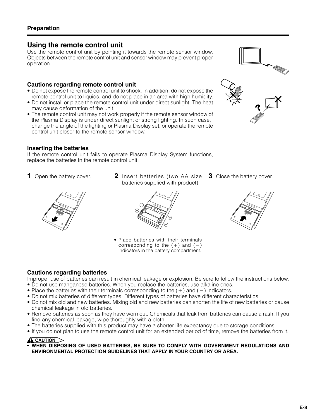 Pioneer PDP-4330HD, PDP-5030HD manual Using the remote control unit, Inserting the batteries 