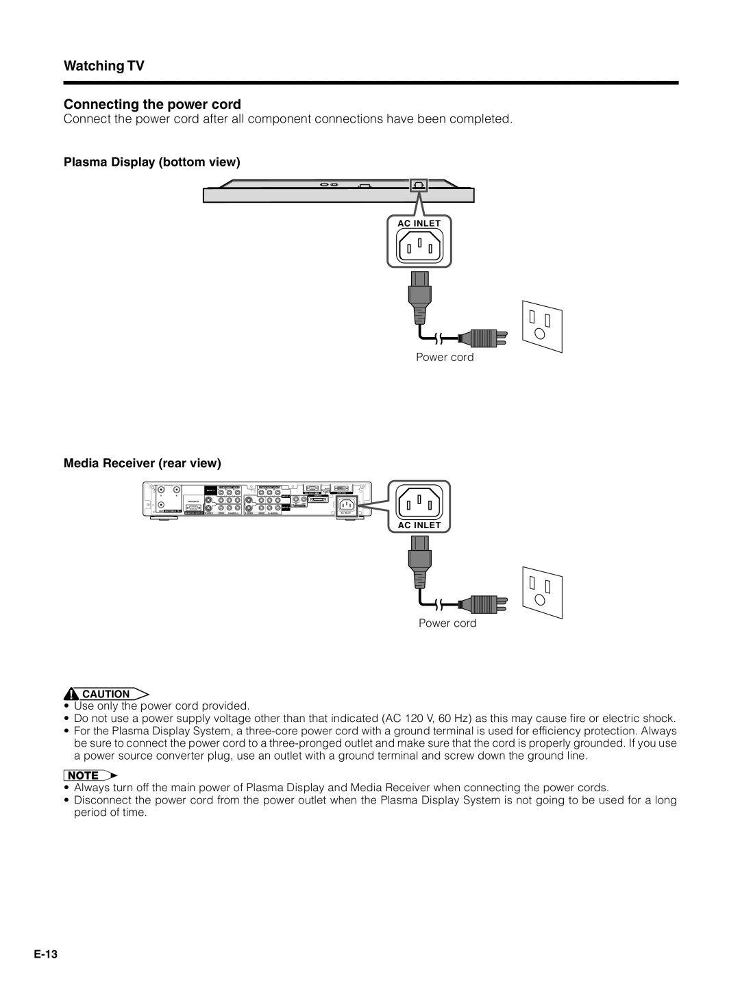 Pioneer PDP-5030HD, PDP-4330HD manual Watching TV Connecting the power cord, Plasma Display bottom view 