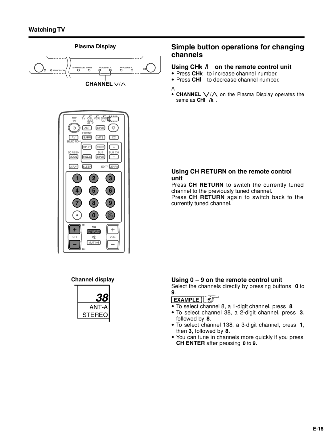 Pioneer PDP-4330HD Simple button operations for changing channels, Using CHk/lon the remote control unit, Channel display 