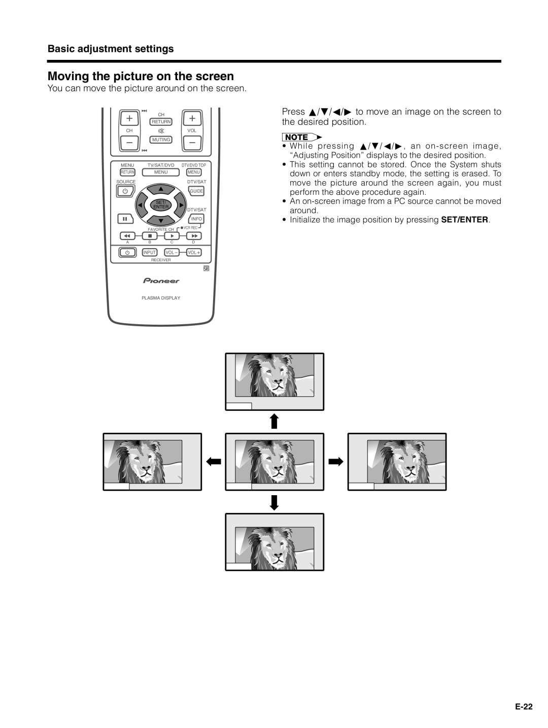 Pioneer PDP-4330HD, PDP-5030HD manual Moving the picture on the screen, You can move the picture around on the screen 