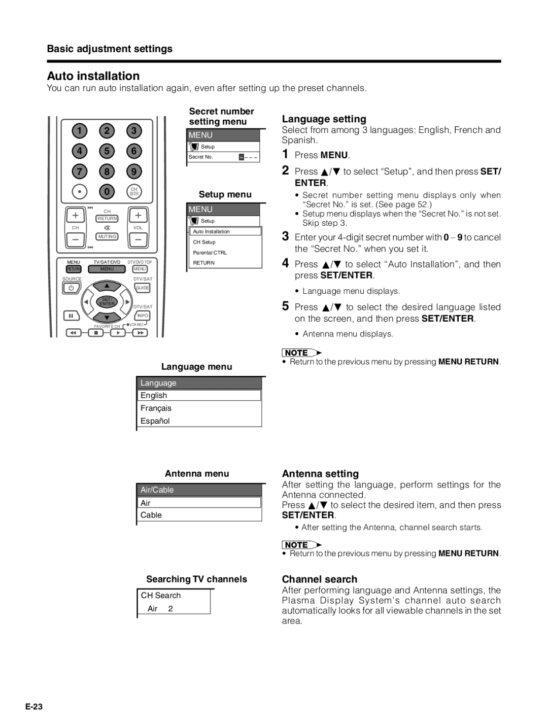 Pioneer PDP-5030HD, PDP-4330HD manual Auto installation, Language setting, Antenna setting, Channel search 