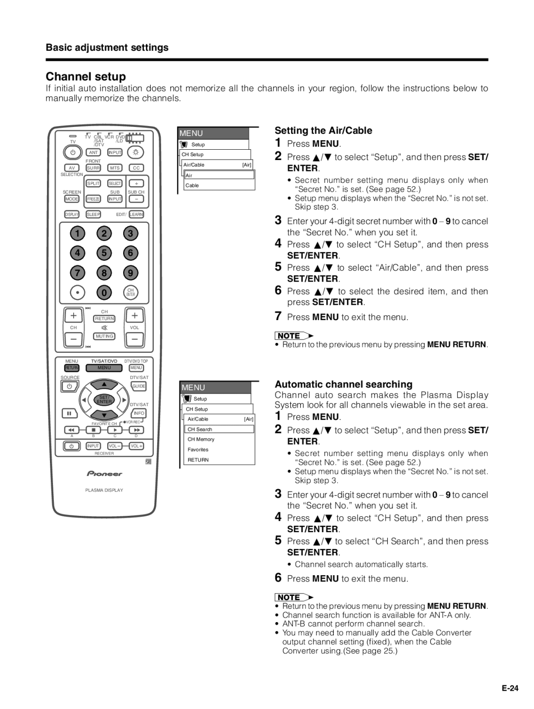 Pioneer PDP-4330HD, PDP-5030HD manual Channel setup, Setting the Air/Cable, Automatic channel searching 