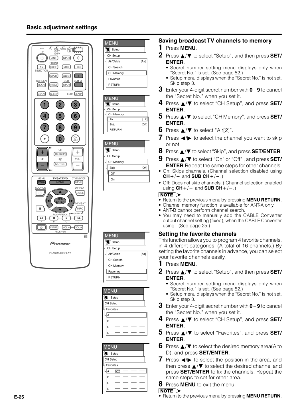 Pioneer PDP-5030HD, PDP-4330HD manual Saving broadcast TV channels to memory, Setting the favorite channels 