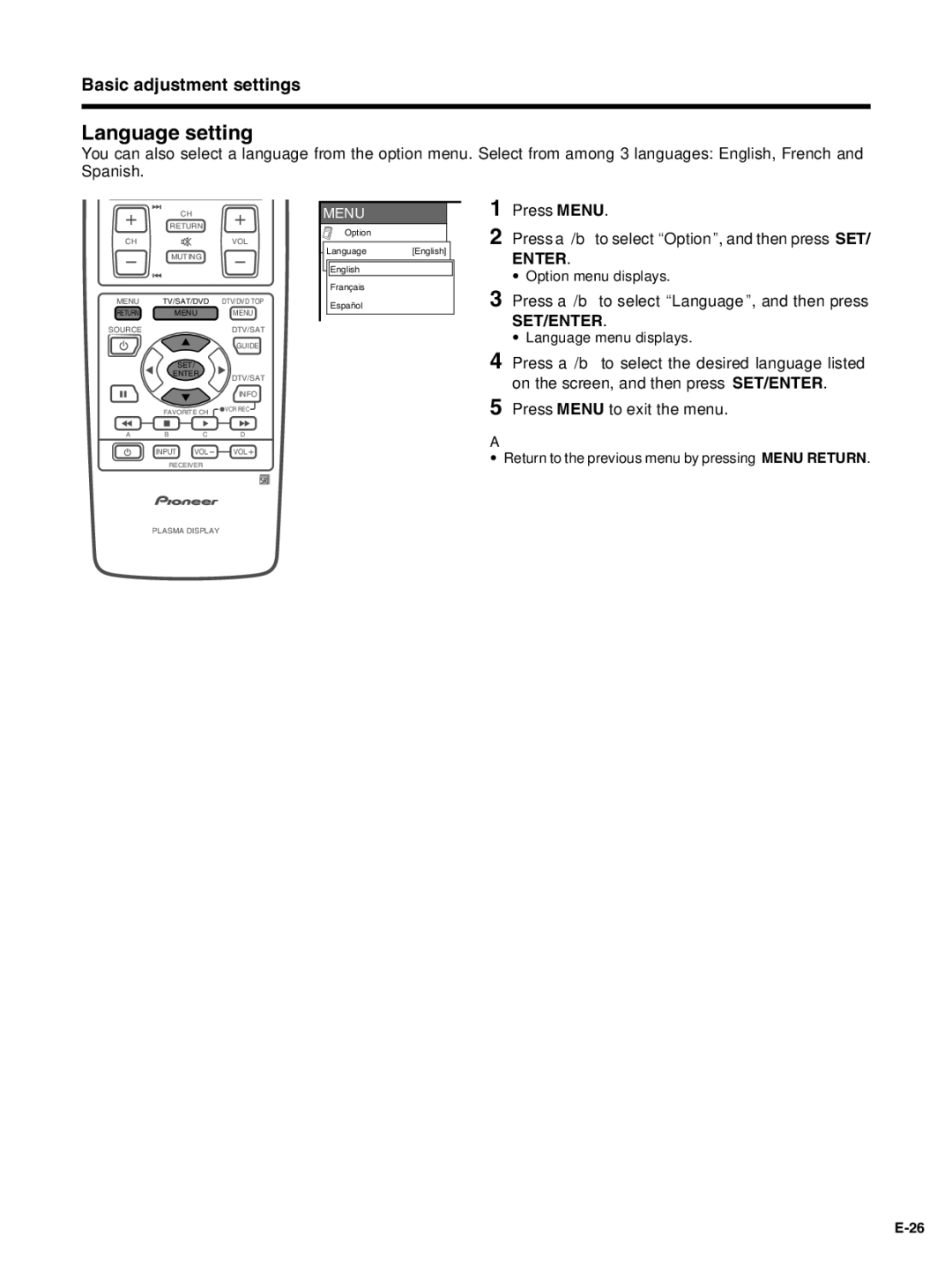 Pioneer PDP-4330HD, PDP-5030HD manual Language setting 