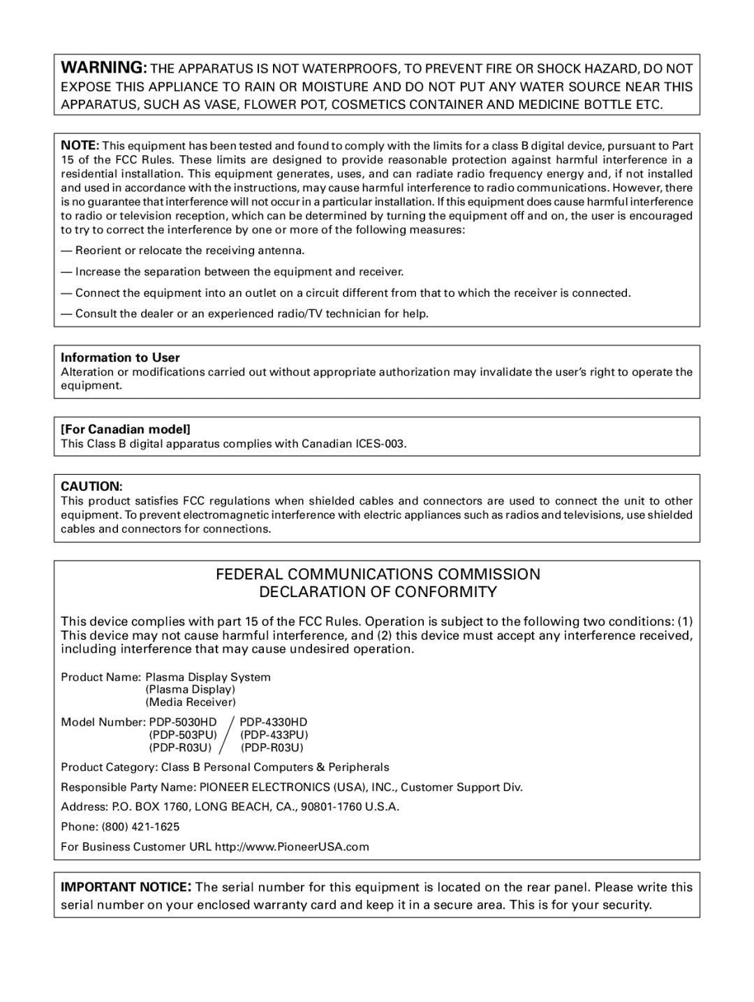 Pioneer PDP-4330HD, PDP-5030HD manual Federal Communications Commission Declaration of Conformity 