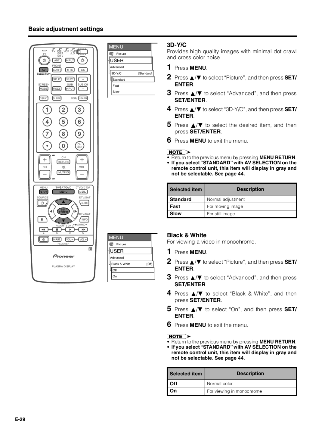 Pioneer PDP-5030HD, PDP-4330HD manual 3D-Y/C, Black & White, Fast, Slow 