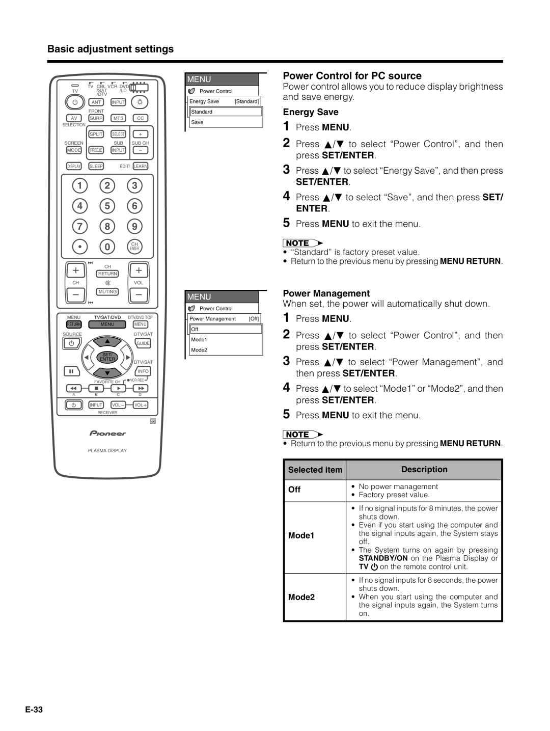 Pioneer PDP-5030HD, PDP-4330HD Power Control for PC source, Power Management, Selected item Description Off, Mode1, Mode2 