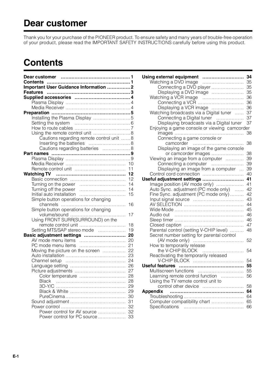 Pioneer PDP-5030HD, PDP-4330HD manual Dear customer, Contents 