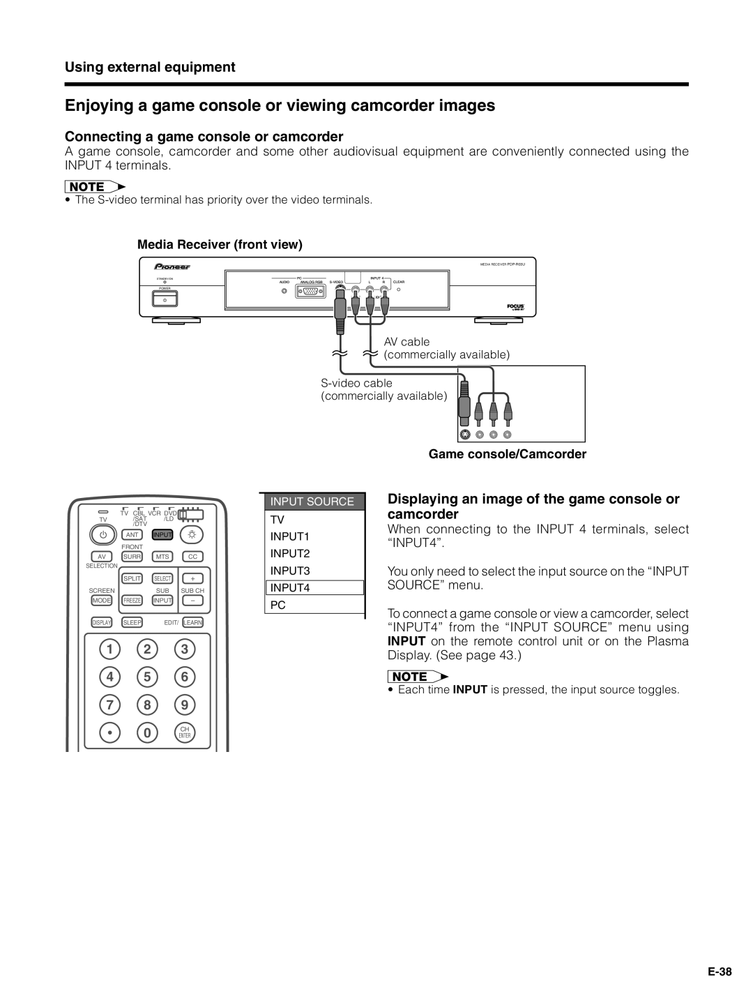 Pioneer PDP-4330HD, PDP-5030HD Enjoying a game console or viewing camcorder images, Connecting a game console or camcorder 