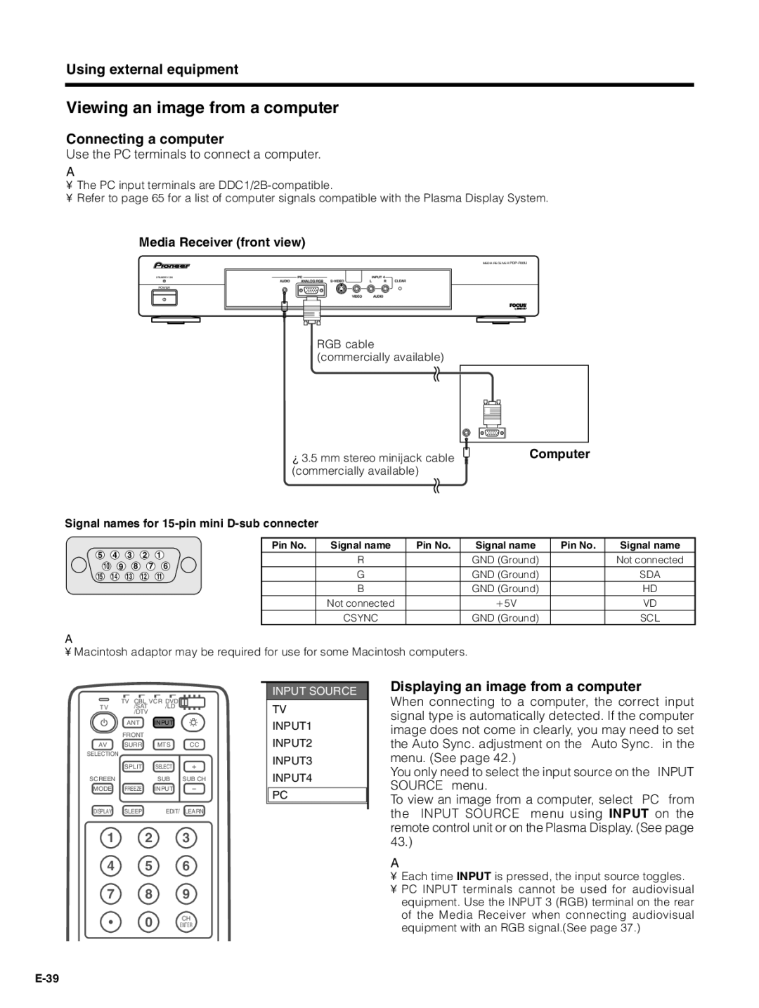 Pioneer PDP-5030HD Viewing an image from a computer, Connecting a computer, Displaying an image from a computer, Computer 