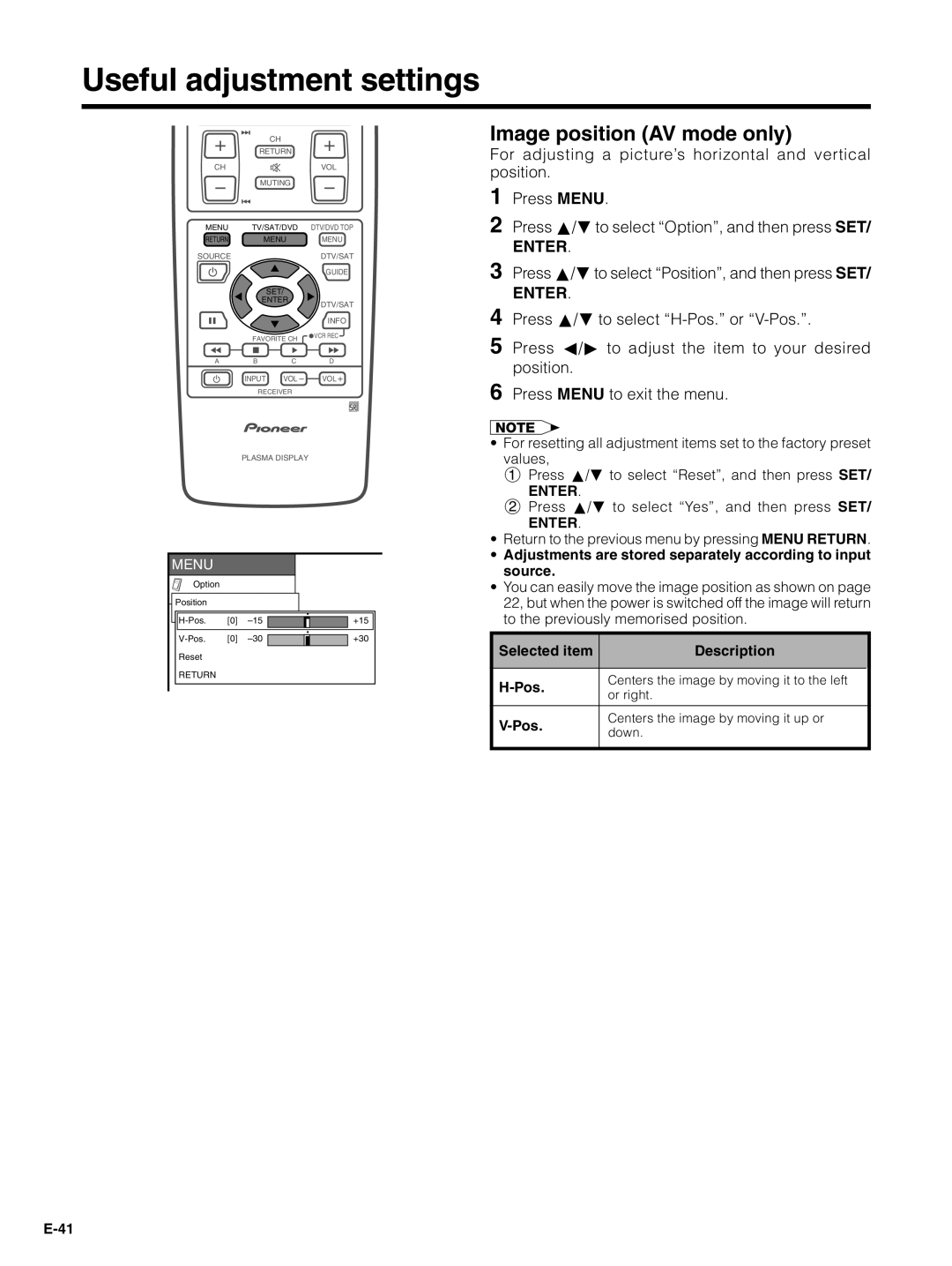 Pioneer PDP-5030HD, PDP-4330HD manual Useful adjustment settings, Image position AV mode only, Selected item Description Pos 