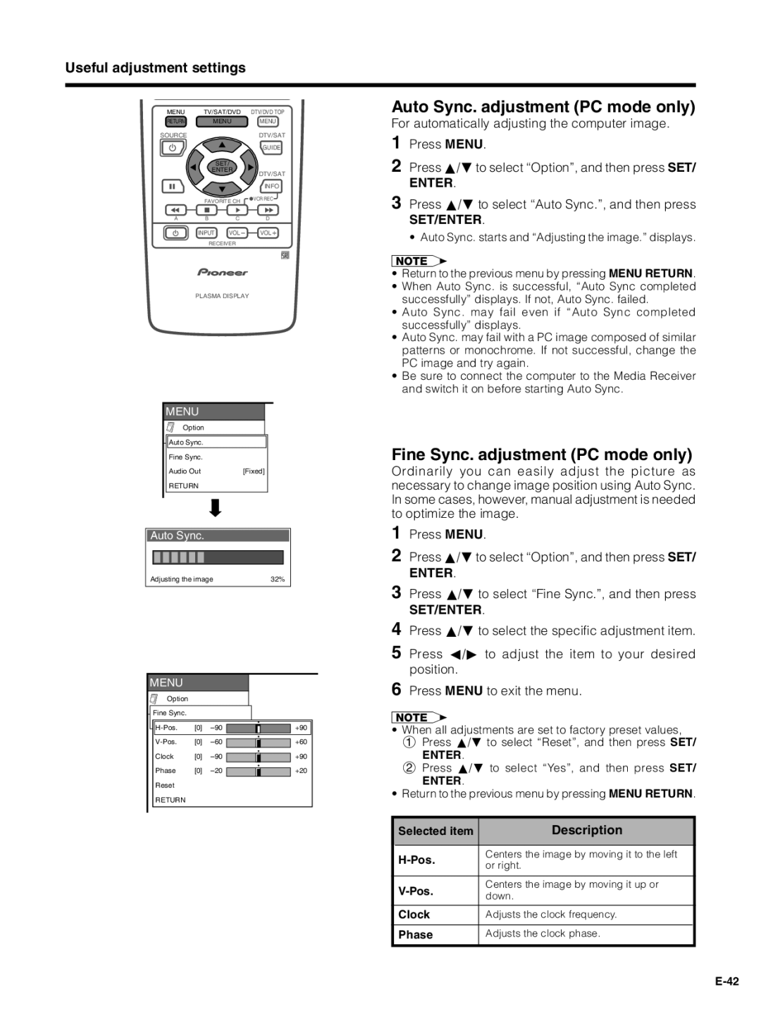 Pioneer PDP-4330HD Auto Sync. adjustment PC mode only, Fine Sync. adjustment PC mode only, Useful adjustment settings 