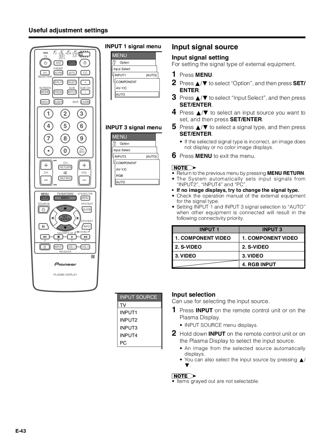 Pioneer PDP-5030HD, PDP-4330HD manual Input signal source, Input signal setting, Input selection, Input 1 signal menu 