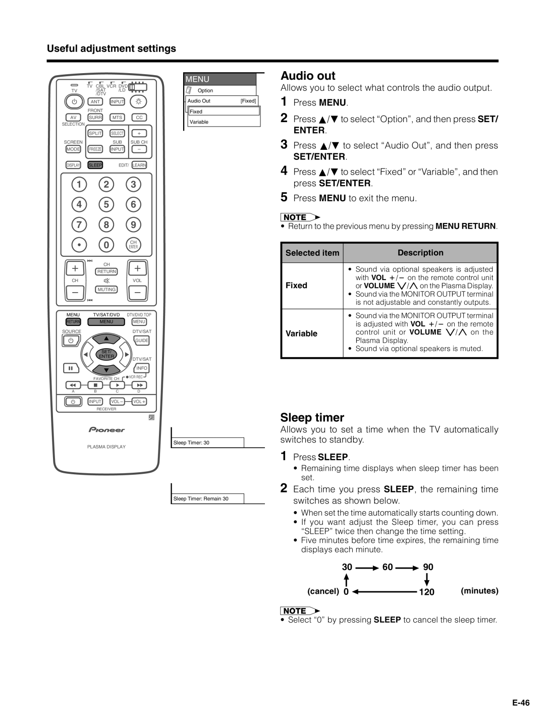 Pioneer PDP-4330HD, PDP-5030HD manual Audio out, Sleep timer, 30 60, 120 