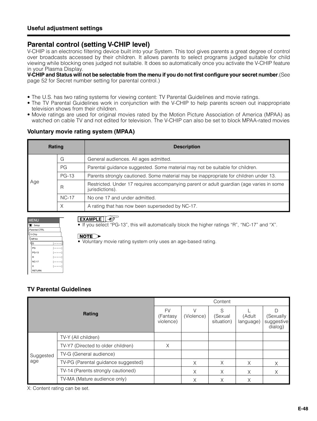 Pioneer PDP-4330HD manual Parental control setting V-CHIP level, Voluntary movie rating system Mpaa, TV Parental Guidelines 
