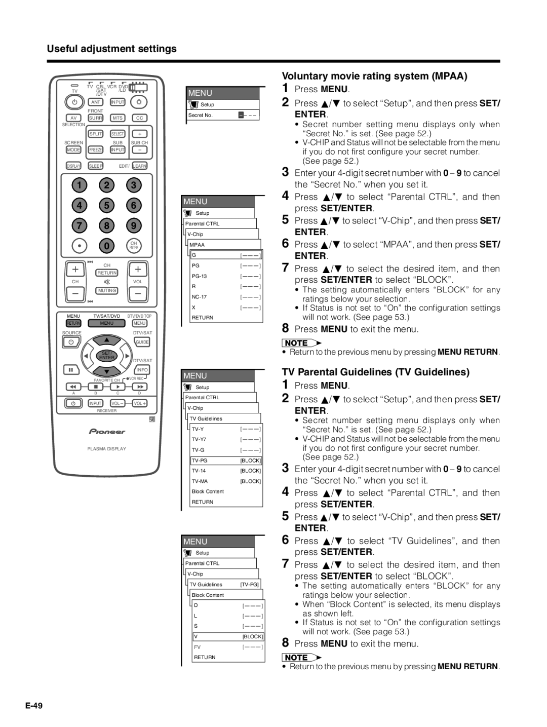 Pioneer PDP-5030HD, PDP-4330HD manual TV Parental Guidelines TV Guidelines 