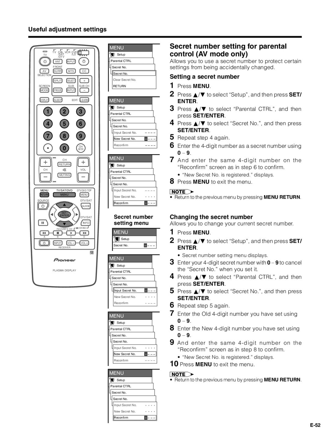 Pioneer PDP-4330HD manual Secret number setting for parental control AV mode only, Setting a secret number 1 Press Menu 