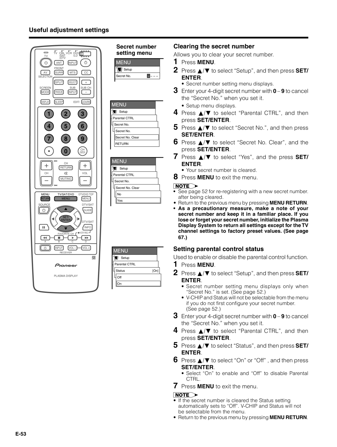 Pioneer PDP-5030HD, PDP-4330HD manual Clearing the secret number, Setting parental control status 