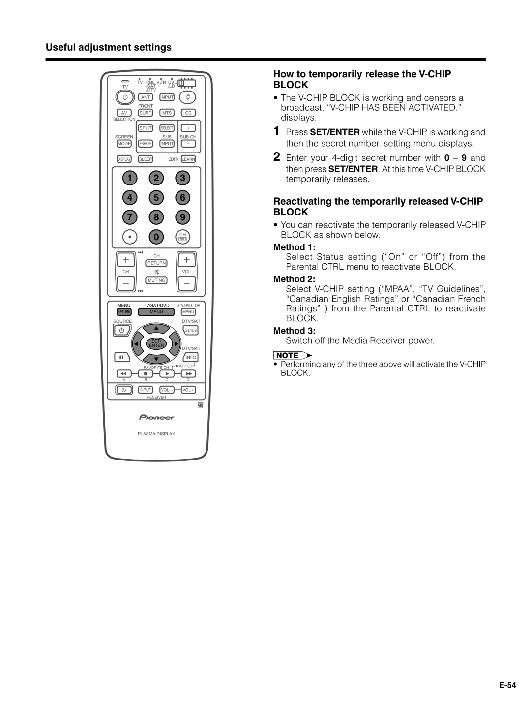 Pioneer PDP-4330HD How to temporarily release the V-CHIP Block, Reactivating the temporarily released V-CHIP Block, Method 