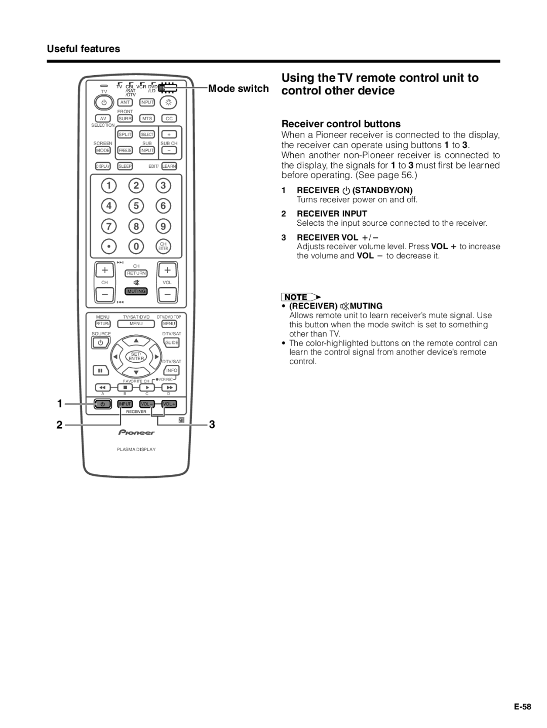 Pioneer PDP-4330HD manual Receiver control buttons, Receiver a STANDBY/ON Turns receiver power on and off, Receiver Input 