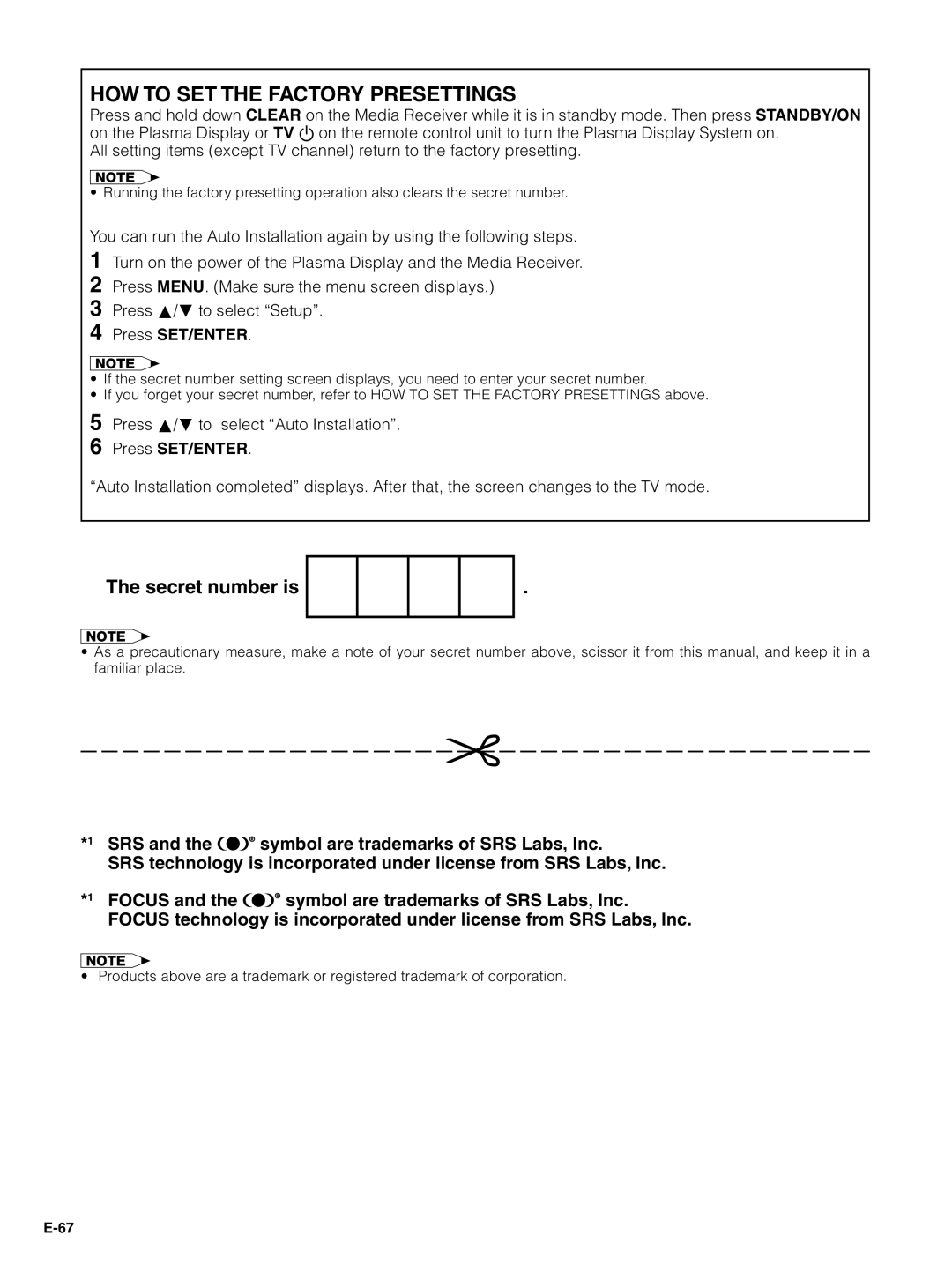 Pioneer PDP-5030HD, PDP-4330HD manual HOW to SET the Factory Presettings, SRS Symbol are trademarks of SRS Labs, Inc 