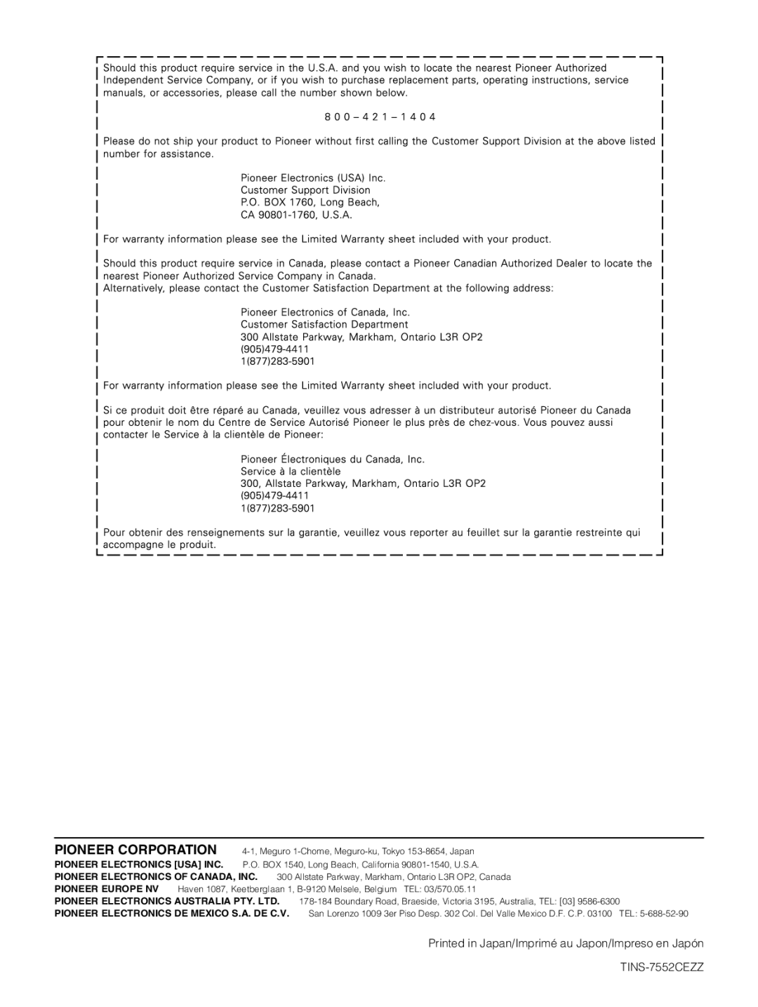 Pioneer PDP-4330HD, PDP-5030HD manual Pioneer Corporation 