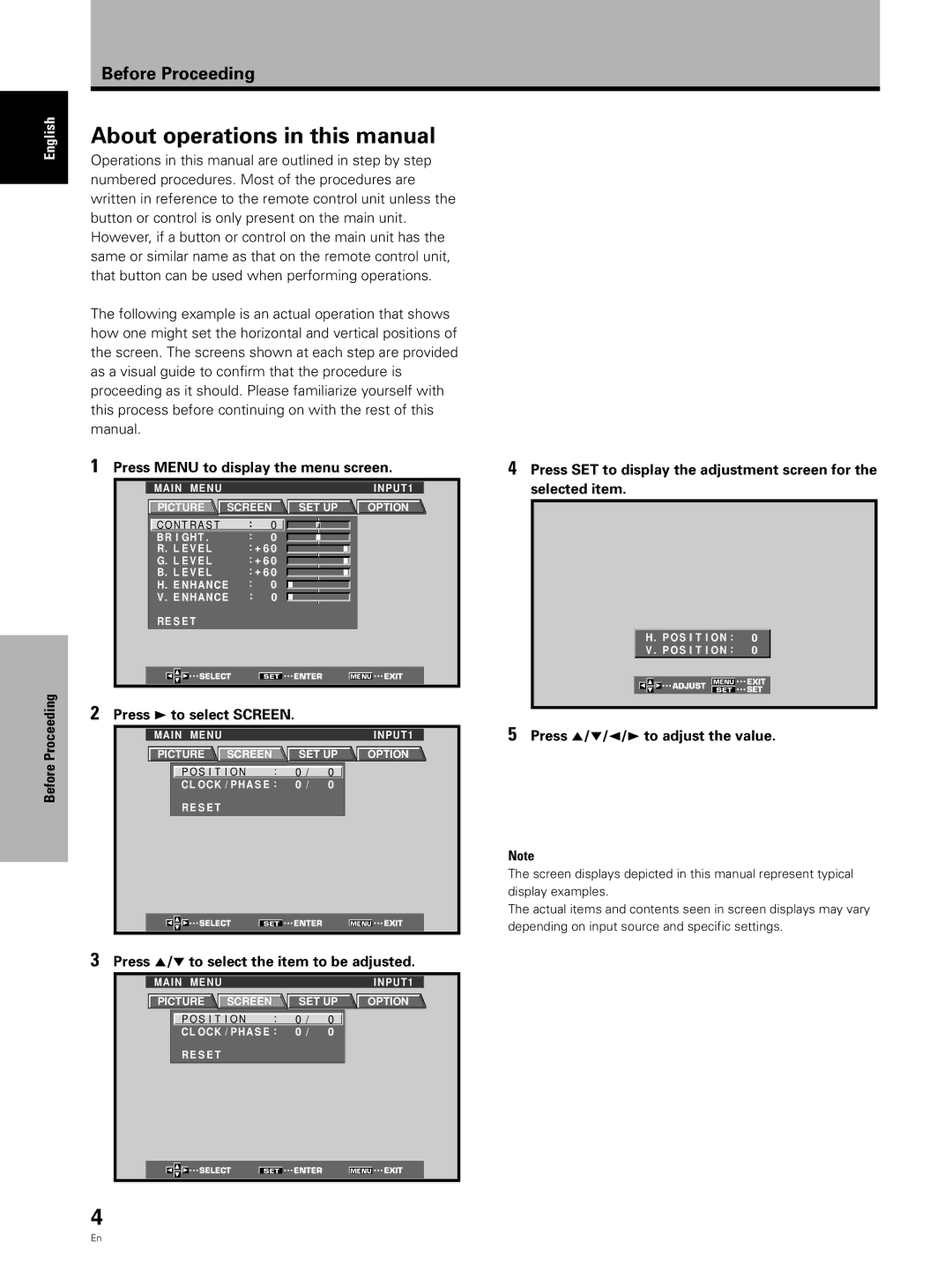 Pioneer PDP 503CMX, PDP 433CMX About operations in this manual, Before Proceeding Press Menu to display the menu screen 