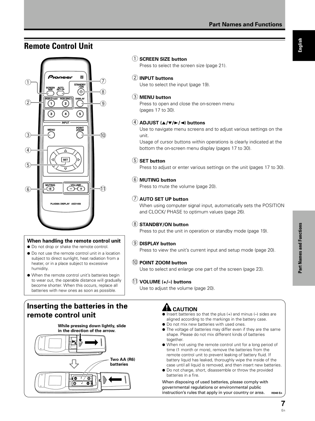 Pioneer PDP 433CMX Remote Control Unit, Inserting the batteries Remote control unit, When handling the remote control unit 