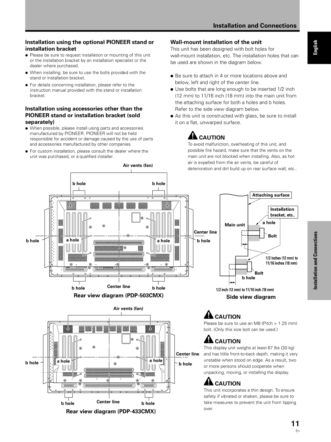 Pioneer PDP 433CMX Wall-mount installation of the unit, Rear view diagram PDP-503CMX, Rear view diagram PDP-433CMX 