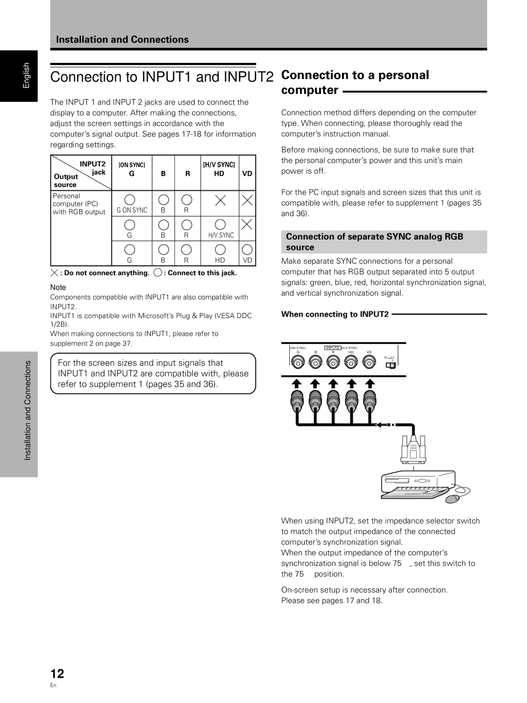 Pioneer PDP 503CMX Connection to INPUT1 and INPUT2, Connection to a personal computer, When connecting to INPUT2 