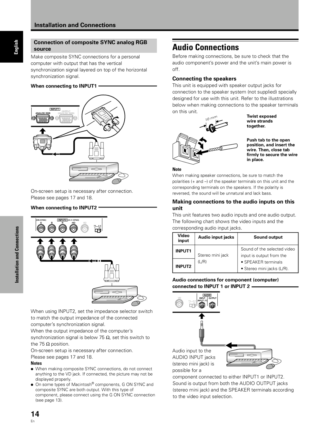 Pioneer PDP 503CMX, PDP 433CMX Audio Connections, Connection of composite Sync analog RGB Source, Connecting the speakers 