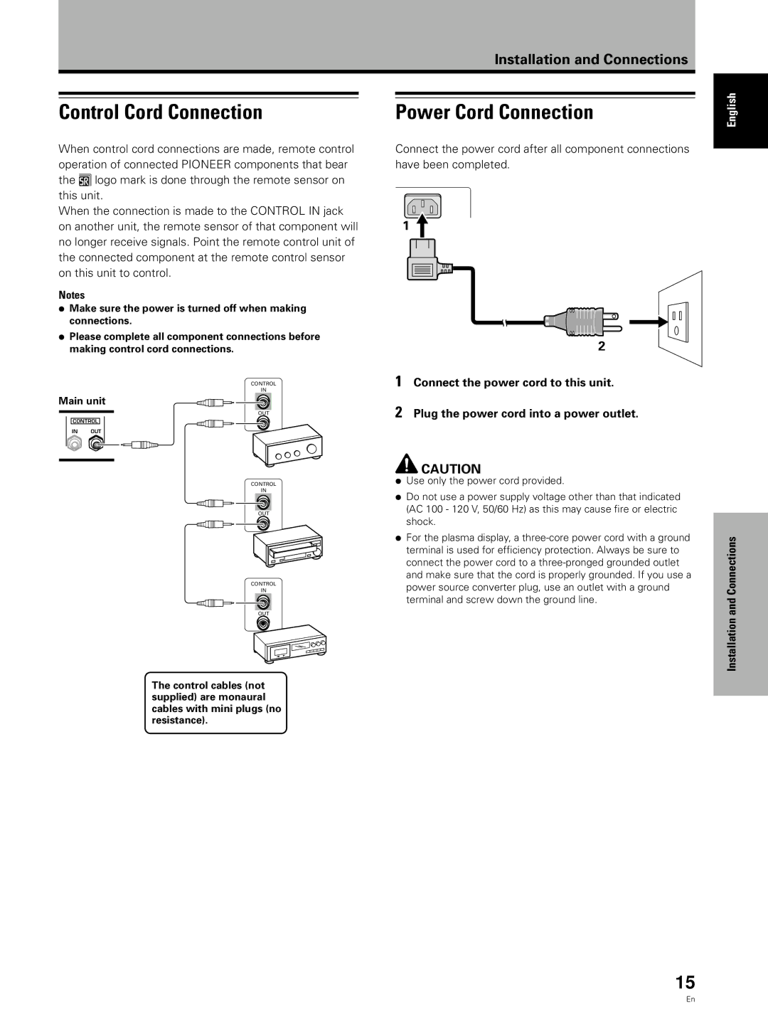 Pioneer PDP 433CMX, PDP 503CMX specifications Control Cord Connection, Power Cord Connection 