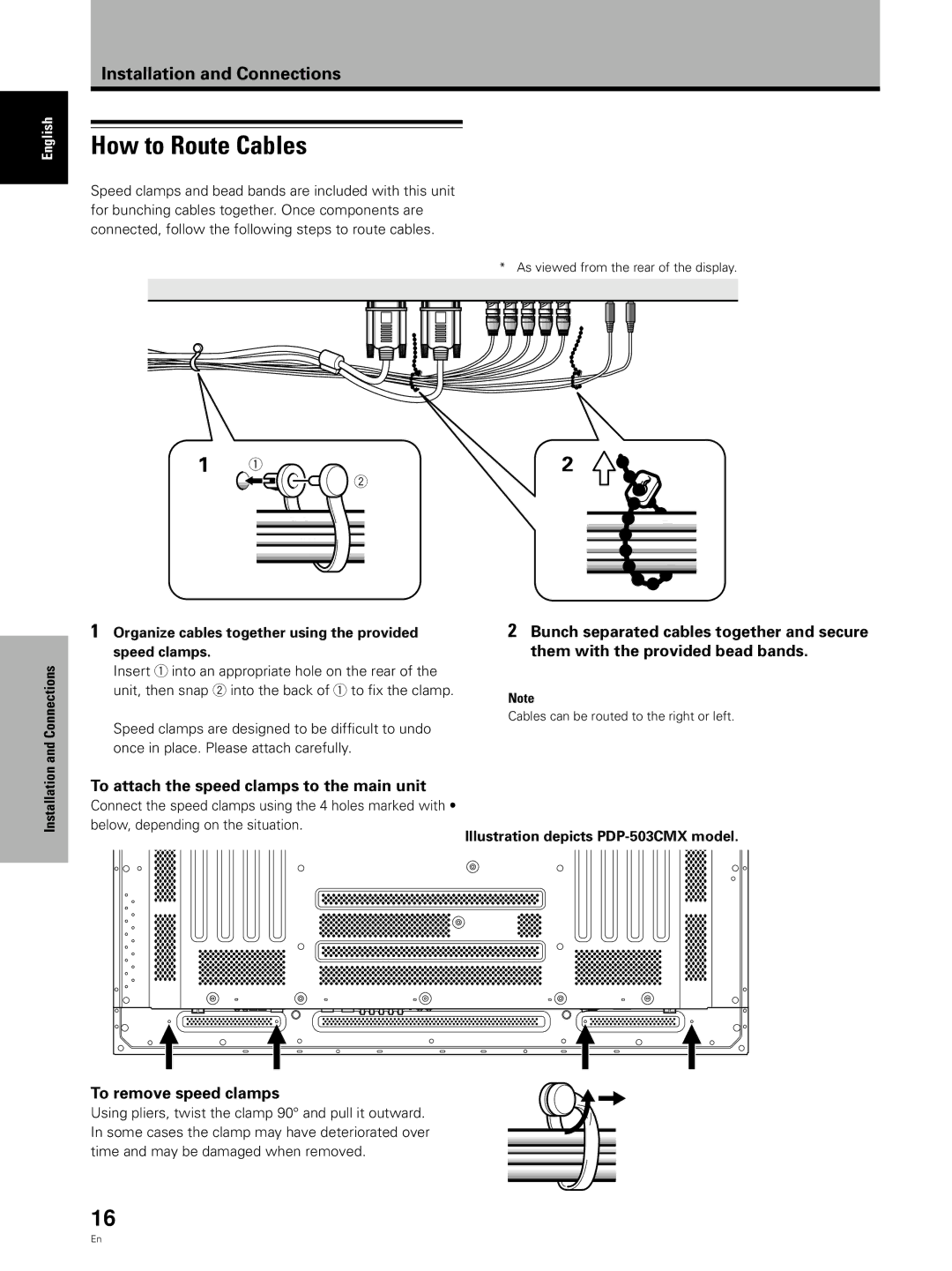 Pioneer PDP 503CMX, PDP 433CMX How to Route Cables, To attach the speed clamps to the main unit, To remove speed clamps 