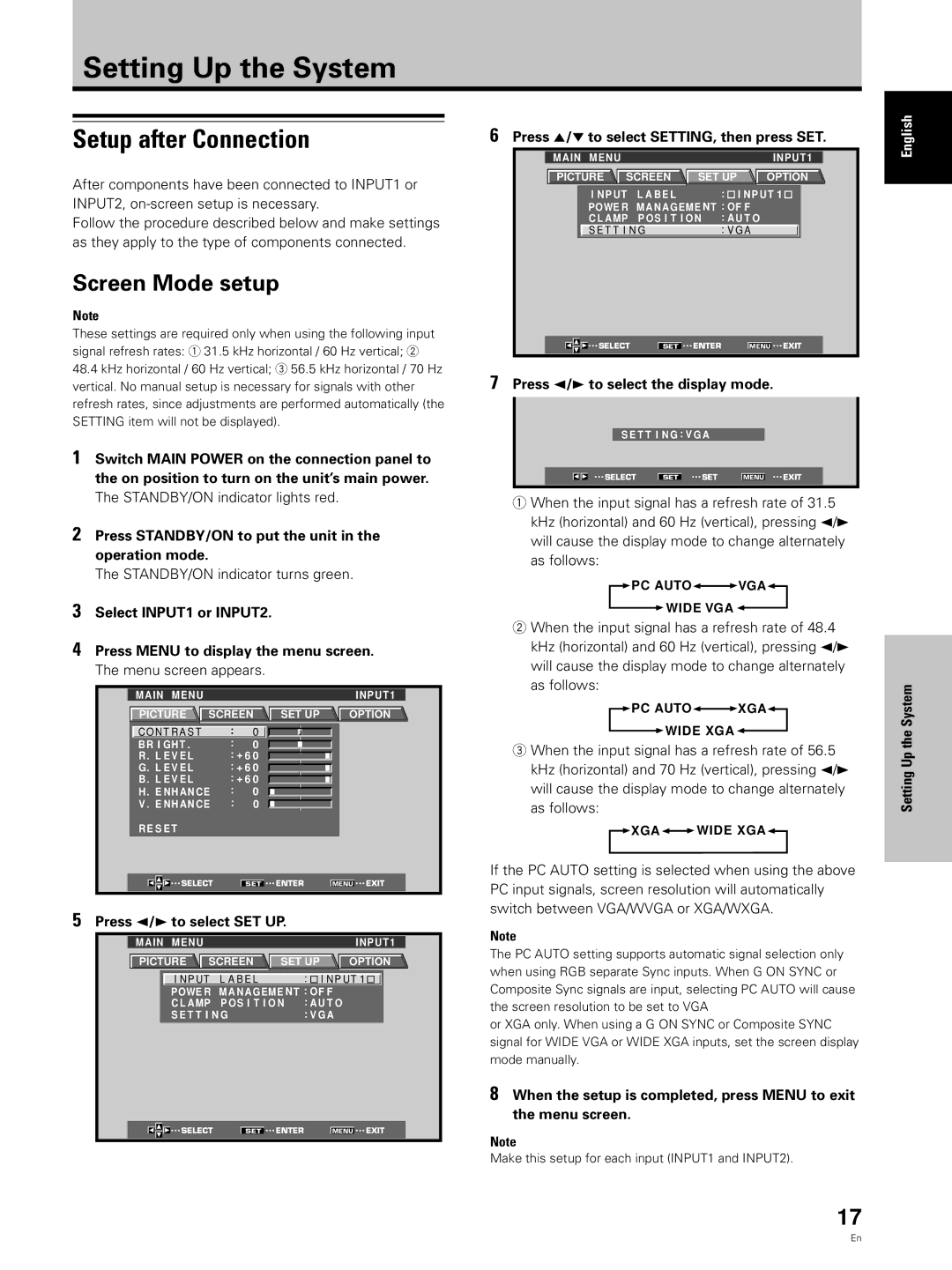 Pioneer PDP 433CMX Setting Up the System, Setup after Connection, Screen Mode setup, Press 2/3 to select SET UP 